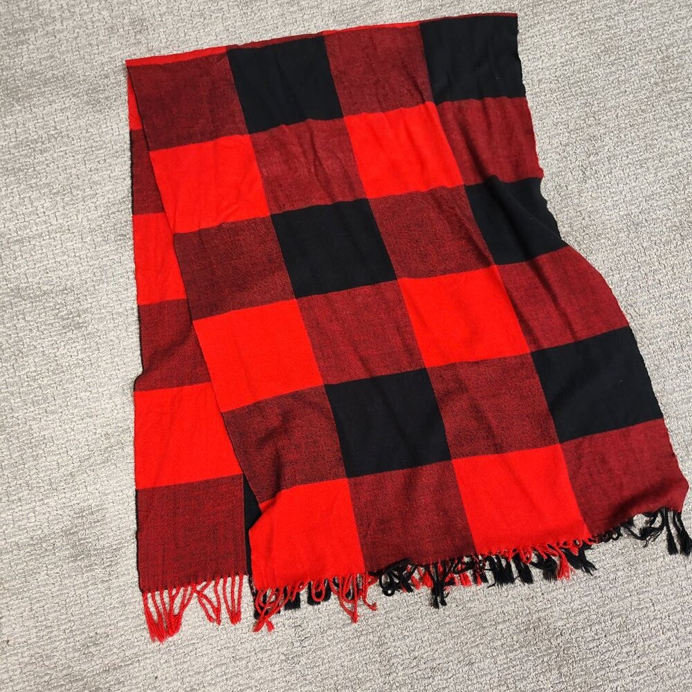 Large Red & Black Fringed Pashmina Scarf Shawl Excellent Condition - 66" x 25"